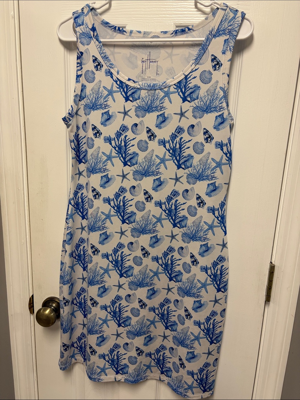 Guy Harvey White Sleeveless Mini Dress with Blue Seashell & Coral Print